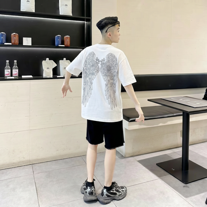 エンジェルウィング＆ローズ ラインストーン Tシャツ　dp1040