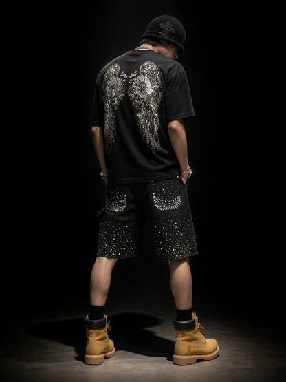 エンジェルウィング＆ローズ ラインストーン Tシャツ　dp1040