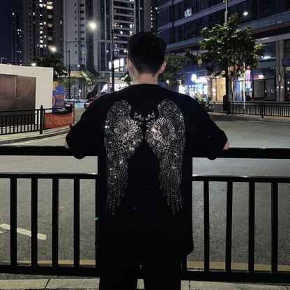 エンジェルウィング＆ローズ ラインストーン Tシャツ　dp1040