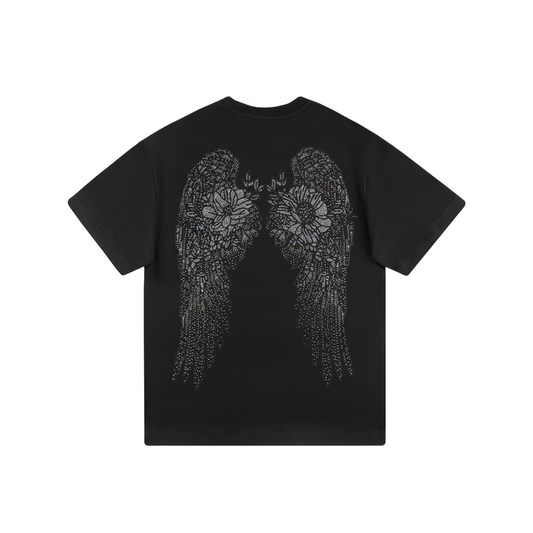 エンジェルウィング＆ローズ ラインストーン Tシャツ　dp1040