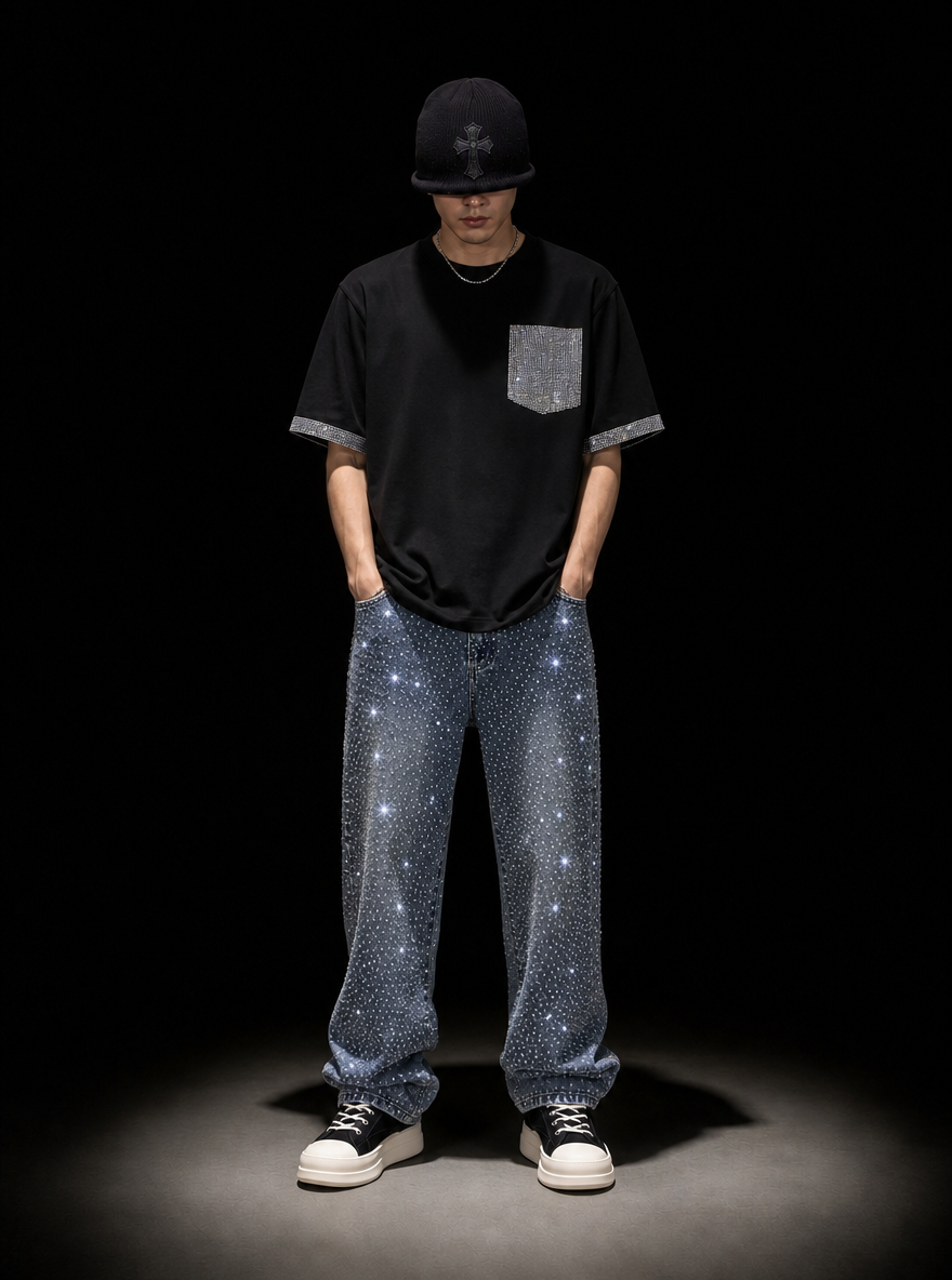 ラインストーンポケット ストリートTシャツ　dp1044