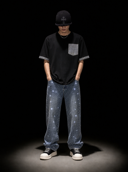 ラインストーンポケット ストリートTシャツ　dp1044